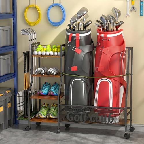 HavenlyYouth Golf Bag Storage Organizer for Garage – Fits 2 Bags, 360° Swivel Wheels, Wood Shelves, Anti-Tip Straps