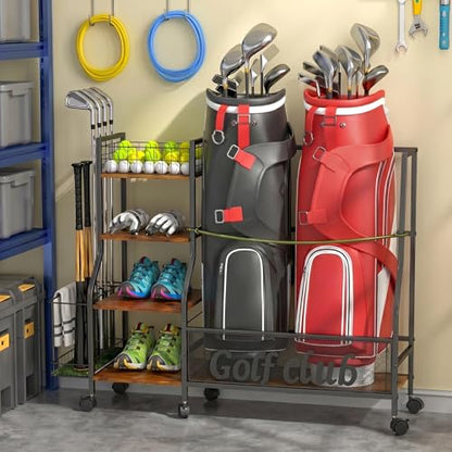 HavenlyYouth Golf Bag Storage Organizer for Garage – Fits 2 Bags, 360° Swivel Wheels, Wood Shelves, Anti-Tip Straps