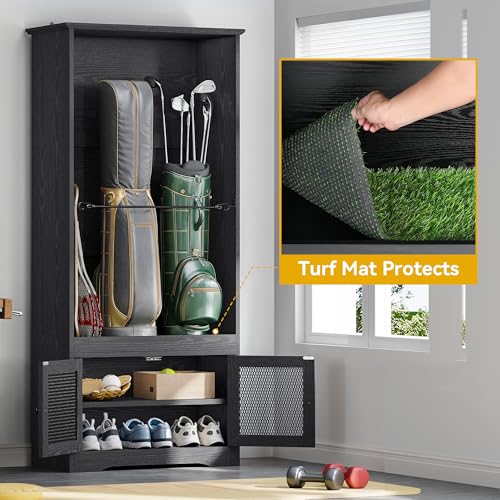 DWVO Golf Bag Organizer - Stylish Wooden Storage Cabinet for Garage & Home, Holds 2 Golf Bags with Turf Mat Protection