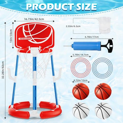 Pool Basketball Hoop with Backboard, Floating Pool Toys for 3-12 Years Old Kids Ring Game with 4 Balls 8 Rings & Pump Outdoor Swimming Pool Basketball Games Water Play Toy Family Party for Kids Adults - style: Red with Backboard