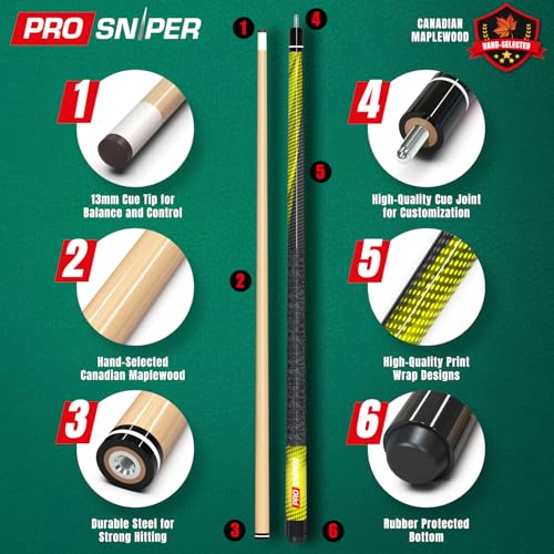 Prosniper Premium Pool Sticks Set of 4 | 58-Inch, 19-Oz Canadian Maple Pool Cue with Low-Deflection Shaft & 4 Extra Chalks | Pro-Grade Billiard Cue for Home & Bar Play - color: Neon Multicolor