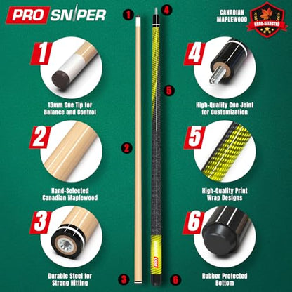 Prosniper Premium Pool Sticks Set of 4 | 58-Inch, 19-Oz Canadian Maple Pool Cue with Low-Deflection Shaft & 4 Extra Chalks | Pro-Grade Billiard Cue for Home & Bar Play - color: Neon Multicolor