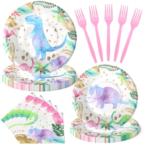 Pink Dinosaur Party Decorations - Watercolor Girl Theme Birthday Supplies, Tableware Set With Plates, Napkins, and Forks - style: Pink Dinosaur