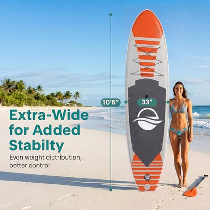 SereneLife 10’6” Inflatable Stand Up Paddle Board with Premium SUP Accessories - 32” Wide Stable Design with Non-Slip EVA Deck Pad, for Youth and Adults, 350 lbs. Capacity - color: Orange