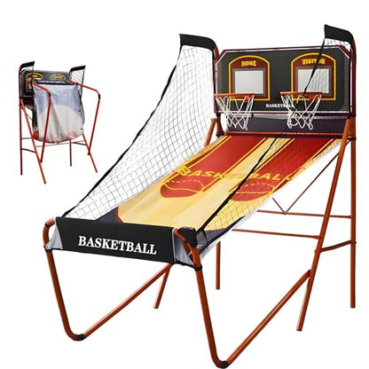 Foldable Indoor Basketball Arcade Game Double Shot 1-4 Player W/ 5 Balls, Basketball Arcade Machine, Electronic Scoreboard and Inflation Pump, Sturdy and Durable
