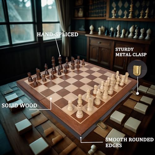 BIVOMON Chess Magnetic Wooden Chess Set 15" Unique Chess Board Game with Chess Pieces Storage Slots, Tournament Portable Folding Travel Chess Sets for Kids Adults Beginner and Pros, 2 Extra Queens