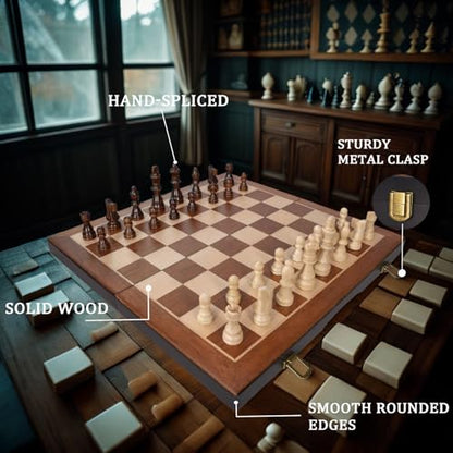 BIVOMON Chess Magnetic Wooden Chess Set 15" Unique Chess Board Game with Chess Pieces Storage Slots, Tournament Portable Folding Travel Chess Sets for Kids Adults Beginner and Pros, 2 Extra Queens