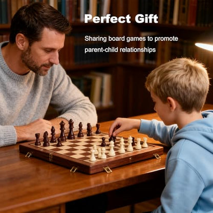 15 Inch Magnetic Wooden Chess Set with Folding Board and Chess Piece Storage Slot, Handmade Portable Travel Chess Game Sets for Kids Adults Beginner and Pros, Carry Bag, 2 Extra Queens