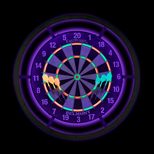 EastPoint Blacklight Dart Board - 18" Bristle Sisal 6 Steel Tip Darts - Glow Ring & Flights for Man Cave Accessories - Staple-Free Bullseye for Bar Games - Self-Healing Sisal - Indoor Games for Adults