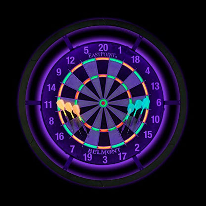 EastPoint Blacklight Dart Board - 18" Bristle Sisal 6 Steel Tip Darts - Glow Ring & Flights for Man Cave Accessories - Staple-Free Bullseye for Bar Games - Self-Healing Sisal - Indoor Games for Adults