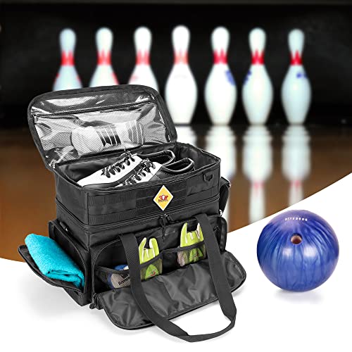 DSLEAF Bowling Bag for 2 Balls with Wooden Ball Holder, Bowling Ball Tote with Padded Divider for A Pair of Bowling Shoes Up to Mens 16 and Extra Essentials (Patent Design), Bag Only