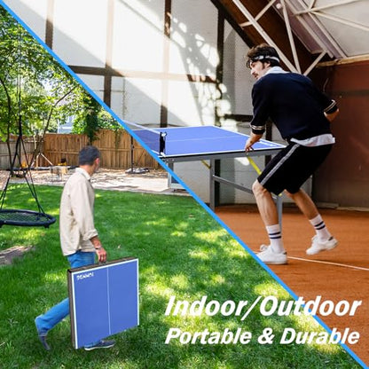 IUNNDS Portable Table Tennis Table 6/8/8.5/9FT Foldable Ping Pong Game Set for Indoor with Net and Post Set, 2 Paddles and 3 Balls - color: Blue