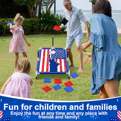 Leitee 4th of July 2 in 1 Bean Bags Toss Game American Flag Cornhole Bean Bags Patriotic Ring Toss Game Kids Patriotic Cornhole Games Set Independence Day Party Games Ideal for Ages 4-8 Toddlers