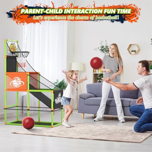 Arcade Basketball Game Set with Electronic Scoreboard&LED Light: Boy Toys Basketball Hoop Indoor Outdoor with 4 Balls & Air Pump Sports Carnival Games Christmas Birthday Gifts for Kids 3-12 Years Old - style: Green Scoring Basketball Hoop