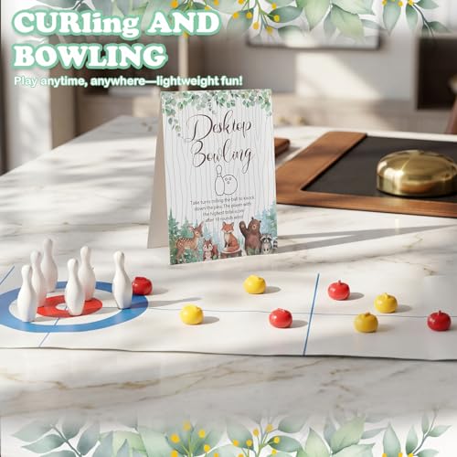 Capoda Tabletop Curling and Bowling Games Baby Shower Game Set Include 8 Curling 6 Bowling 1 Mat 2 Magnetic Strip for Indoor Birthday Bridal Shower Gender Reveal Table Decoration Supplies(Woodland) - style: Woodland