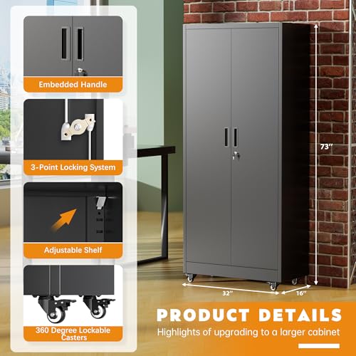 Greenvelly 73" Metal Storage Cabinet with Wheels, Lockable Rolling Metal Garage Cabinets with 2 Doors and 4 Adjustable Shelves, Rolling Tool Cabinet for Garage, Home Office, School - color: Black, style: 73"H-Wheels