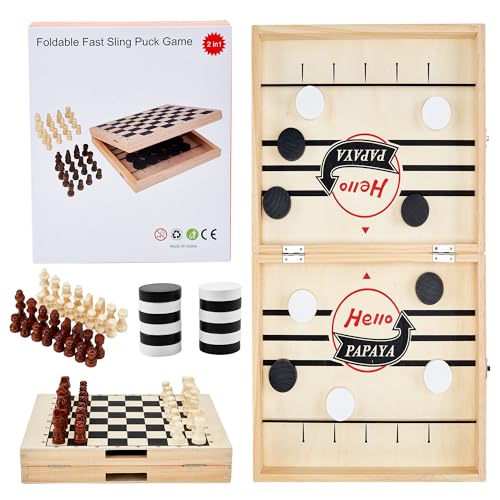 HELLO PAPAYA Foldable Fast Sling Puck Game with Chess Board and Checkers Board, Tic Tac Toe. Wooden Air Hockey Family Night,Table Games Gifts for Adults and Kids - size: Large