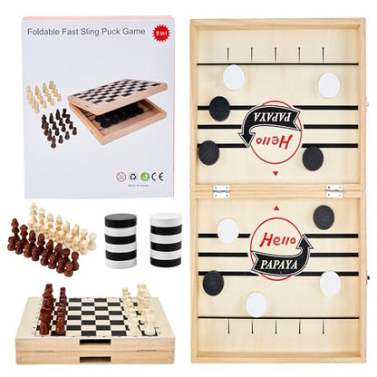 HELLO PAPAYA Foldable Fast Sling Puck Game with Chess Board and Checkers Board, Tic Tac Toe. Wooden Air Hockey Family Night,Table Games Gifts for Adults and Kids - size: Large