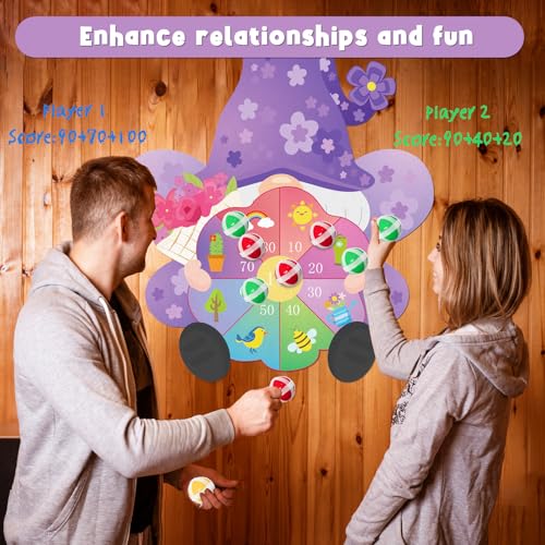 Yquqwn Large Spring Dart Board Game Flower Gnome Target with 12 Sticky Balls for Kids Spring Party Easter Games Indoor Outdoor Activities