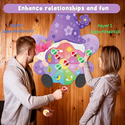 Yquqwn Large Spring Dart Board Game Flower Gnome Target with 12 Sticky Balls for Kids Spring Party Easter Games Indoor Outdoor Activities