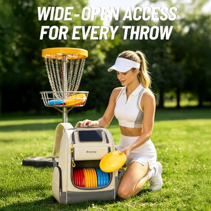 Bosynoy Disc Golf Bag with Clear Phone Holder, 20+ Discs Disc Golf Backpack with Insulated Pocket, Cute Beige Sports Backpack for Women Men Beginners