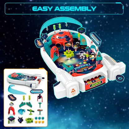 Space Pinball Machine — Tabletop Arcade Game with Obstacles, Pull-Rod Launcher, Flippers, UFO Targets & Astronaut Theme, 1-2 Player Mini Pinball for Kids - style: Space Pinball