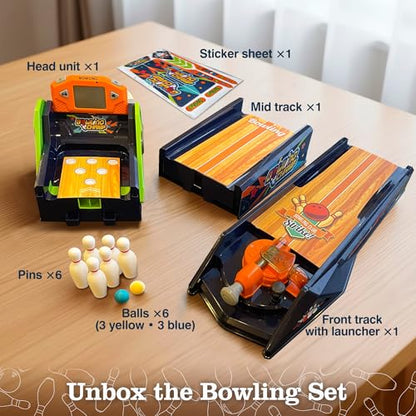 Bowling Game — Electronic Tabletop Arcade Game with LCD Auto Scoring, Lights & Sound, Spring-Loaded Launcher & 1-2 Player Modes — Mini Bowling Set for Kids - style: Bowling
