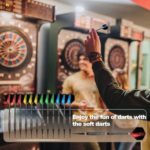 Soft Tip Darts Set 18g, 12 Pack with 100 Tips and 24 Flights | 12 soft tip darts, 18g weight, aluminum shafts, knurled barrels, 100 spare tips, 24 flights, for electronic dartboards