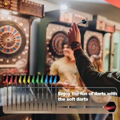 Soft Tip Darts Set 18g, 12 Pack with 100 Tips and 24 Flights | 12 soft tip darts, 18g weight, aluminum shafts, knurled barrels, 100 spare tips, 24 flights, for electronic dartboards