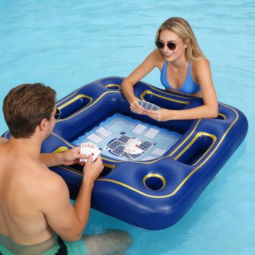Floating Poker Table for Pool with Waterproof Playing Cards - 4 Person Inflatable Pool Games for Adults - Blue & Gold Premium Floating Card Table Set for Lake, River, and Swimming Party (40 inch)