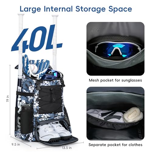 KAVIGOR Baseball Bag for Youth and Adult, Softball Backpack 40L Large Capacity, Bat Backpack with Shoes Compartment and Hidden Helmet Holder - color: Blue Camo