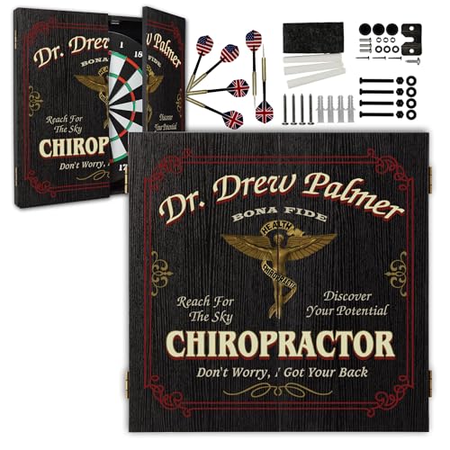 THOUSAND OAKS BARREL CO. Personalized Chiropractor Dart Cabinet - Imprinted Dart Board Cabinet for Office - Scoreboard, 6 Steel Tip Darts, Chalk & Eraser (21.5" x 21" x 2.125") - style: Chiropractor Dartboard & Cabinet Set