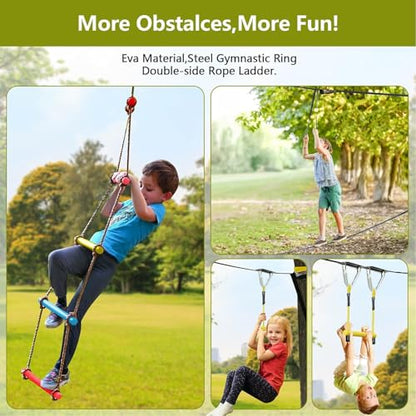 Ninja Warrior Obstacle Course for Kids,Fast-Setup Buckles—Up to 880 lbs,2x65ft Slack Lines for Backyard with with 14 Ninja Accessories-Swing Seat,Tree Swing,Rope Ladder,Ninja Ring,Arm Trainer - size: 14 Obstacles