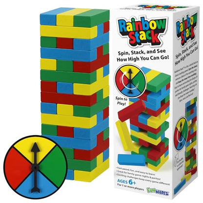 Funwares Rainbow Stack Wooden Blocks Stacking Game, Tumbling Tower & Balance Game, Family & Party Fun, Ages 6+, Color Spinner-Based Twist on Classic Stacking Games