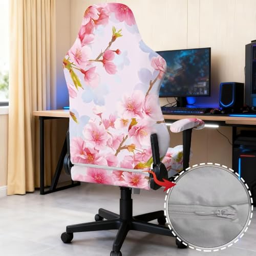 Suobstales Cherry Blossom Pattern Gaming Chair Cover, Stretchy 4pc/Set Ergonomic Office Computer Game Chair Slipcovers with Armrest Covers/Back Covers/Seat Cover for Reclining Racing Gaming Chair - color: Cherry Blossom