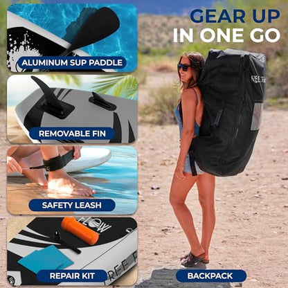 SereneLife 10’6" Inflatable Stand Up Paddle Board with Premium SUP Accessories - Wide Stable Design with Non-Slip EVA Deck Pad, for Youth and Adults, 350 lbs. Capacity - color: Black and Gray