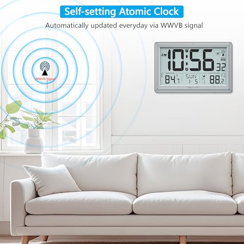 Atomic Clock Wall with Indoor/Outdoor Temp, Battery Operated Digital Wall Clock with 10.5" Large LCD Display, 330ft Range Desk Table Clock with Alarm, DST, Calendar for Living Room, Silver-gray - color: Silver-gray