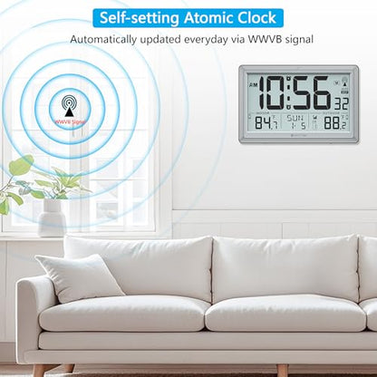 Atomic Clock Wall with Indoor/Outdoor Temp, Battery Operated Digital Wall Clock with 10.5" Large LCD Display, 330ft Range Desk Table Clock with Alarm, DST, Calendar for Living Room, Silver-gray - color: Silver-gray