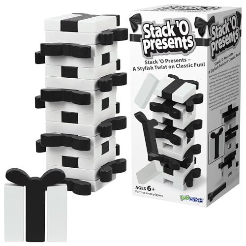 Funwares Wooden Blocks Stacking Game, Tumbling Tower and Balance Game, Family & Party Fun, Game for Kids and Adults, Ages 6+, Stack 'O Lantern, Fancy Wrapped Present-Themed Wood Blocks Stacking Game