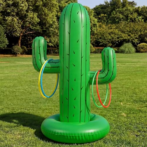 Hungdao 40 Inch Mexican Inflatable Cactus Ring Toss Game Set, Target Toss Party Games with 10 Pcs Rings Floating Summer Activity for Mexicano Fiesta Outdoor Beach Decor Cinco De Mayo Party