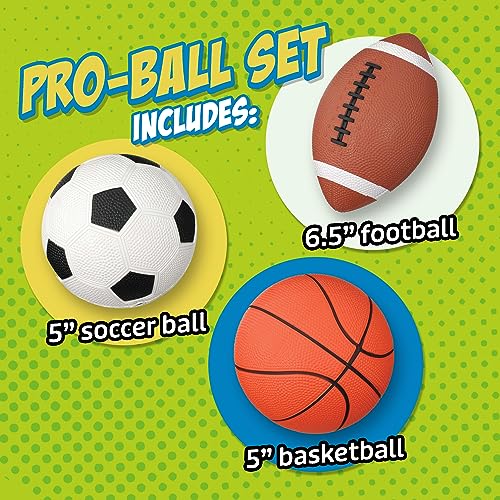 Toysmith Get Outside GO! Pro-Ball Set (Pack of 3) – Small Toddler Sports Balls for Ages 3+ – Includes 5″ Soccer, 6.5″ Football & 5″ Basketball – Indoor or Outdoor Play, Backyard Toy & Gift for Kids