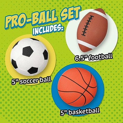 Toysmith Get Outside GO! Pro-Ball Set (Pack of 3) – Small Toddler Sports Balls for Ages 3+ – Includes 5″ Soccer, 6.5″ Football & 5″ Basketball – Indoor or Outdoor Play, Backyard Toy & Gift for Kids