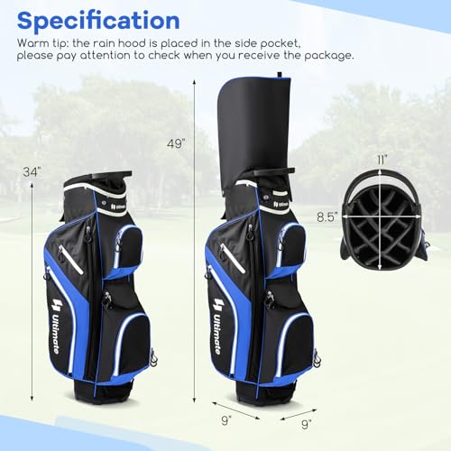 ULTIMATE Golf Cart Bag with 14-Way Top Dividers, Golf Club Bag w/ 9 Pockets incl. Cooler Bag, Rain Hood/Dust Cover, Detachable Shoulder Strap & Carry Handles, Lightweight for Men & Women - color: Blue