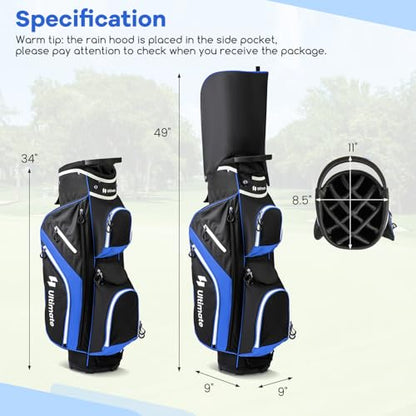 ULTIMATE Golf Cart Bag with 14-Way Top Dividers, Golf Club Bag w/ 9 Pockets incl. Cooler Bag, Rain Hood/Dust Cover, Detachable Shoulder Strap & Carry Handles, Lightweight for Men & Women - color: Blue