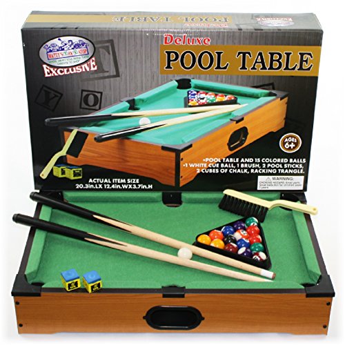Matty's Toy Stop Deluxe 20" Wooden Table Top Pool (Billiards) Table with 15 Colored Balls, 1 Cue Ball, 1 Brush, 2 Pool Sticks, 2 Cubes of Chalk & Racking Triangle