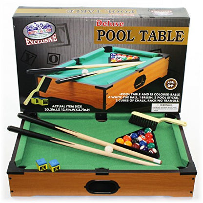 Matty's Toy Stop Deluxe 20" Wooden Table Top Pool (Billiards) Table with 15 Colored Balls, 1 Cue Ball, 1 Brush, 2 Pool Sticks, 2 Cubes of Chalk & Racking Triangle