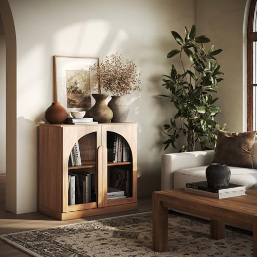 BELLEZE 2 Tier Bookshelf with Arched Glass Door, Modern Display Bookcase Shelf with Storage and Adjustable Shelves, Wood Bookshelves for Living Room Office Entryway (Camel) - color: Bijou Camel a, size: 1