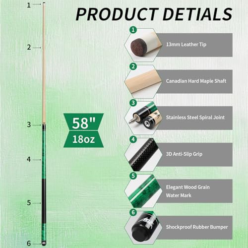 AKLOT Pool Cue Stick 58" Professional Billiard Cue Sticks Set of 4/5 Canadian Maple Low Deflection 18 19 20 20 21oz for Beginner with 13mm Tip - color: Green with Printed Grip