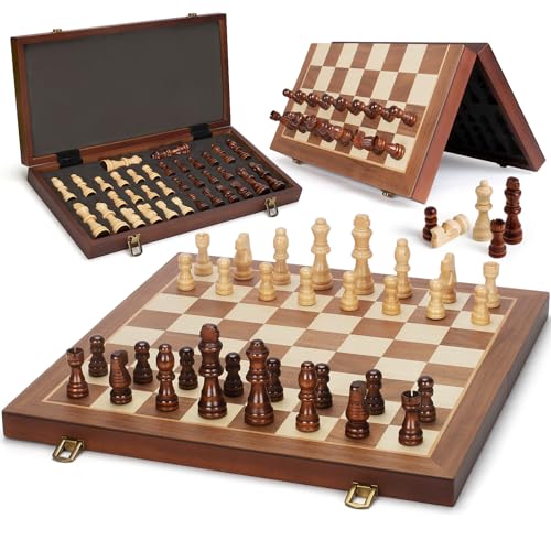 Magnetic Wooden Chess Set, 15" Folding Chess Board with 2 Extra Queens, Portable Travel Chess Set with Pieces Storage Slots, Beginner Chess Board Game for Adults & Kids