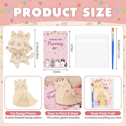 Saypacck 24 Pcs Cat Party Favors Wooden Painting Craft Kits Birthday Party Supplies with Organza Bag for Goodie Bags Fillers Adult Thank You Gifts - style: Cat